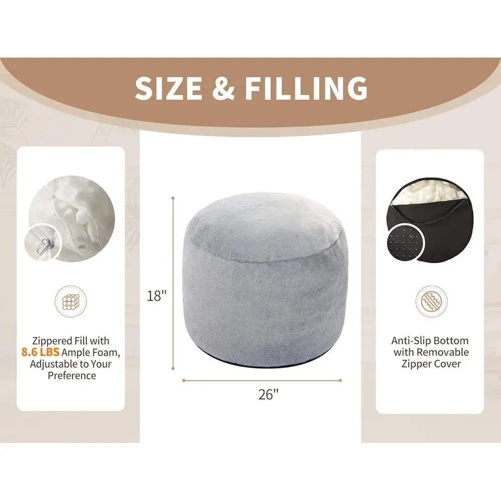 مسند رمادي مستدير كبير، 26 × 18، وسادة مسند للقدم مملوءة بالرغوة لغرفة المعيشة
