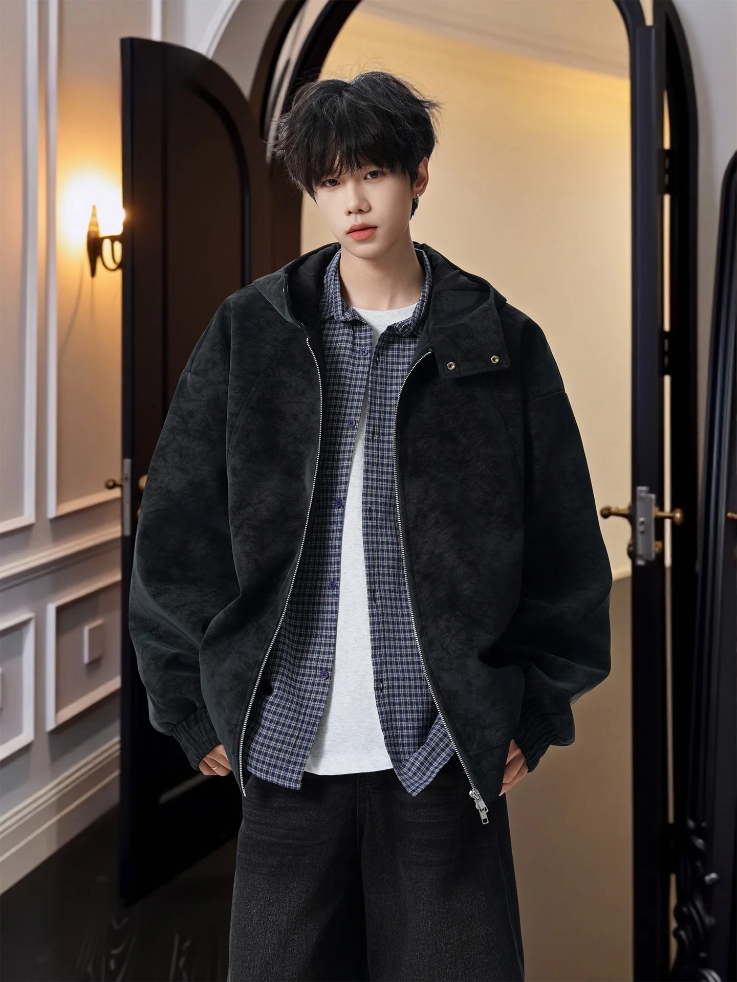 

Мужской модный повседневный кардиган на молнии с капюшоном из искусственной кожи в американском стиле High Street, дизайнерский берет с крашением для молодежи