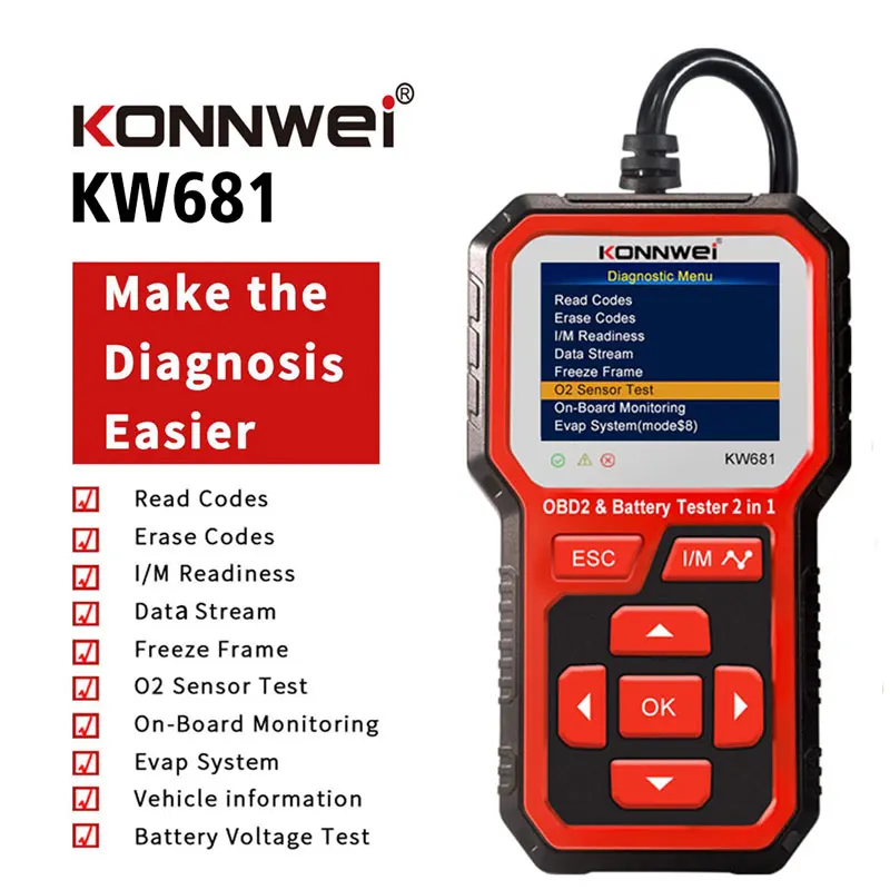 

Автомобильный OBD2 сканер KONNWEI KW681, 6-12 В, тестер аккумуляторов для авто и мотоцикла 100-2000 CCA OBD 2, считыватель кодов неисправностей, диагностические инструменты