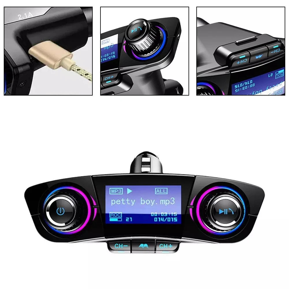 شاحن سيارة FM، جهاز إرسال FM لاسلكي، ذاكرة إيقاف التشغيل التلقائي، شاشة رقمية، شاشة LED، لغات متعددة، يدعم صوت السيارة