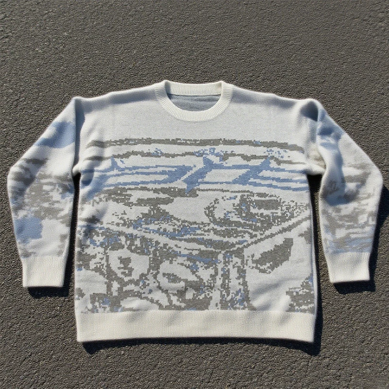 

Street fashion abstract art jacquard sweater men's and women's loose and lazy style knitted sweater high street hip-hop warm top