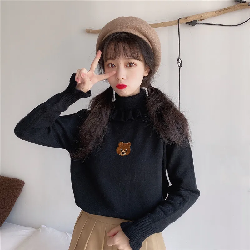 Harajuku wanita beruang lucu gadis Turtleneck Sweater Vintage leher tinggi Kawaii Ruffles rajutan Pullover wanita Slim Jumper