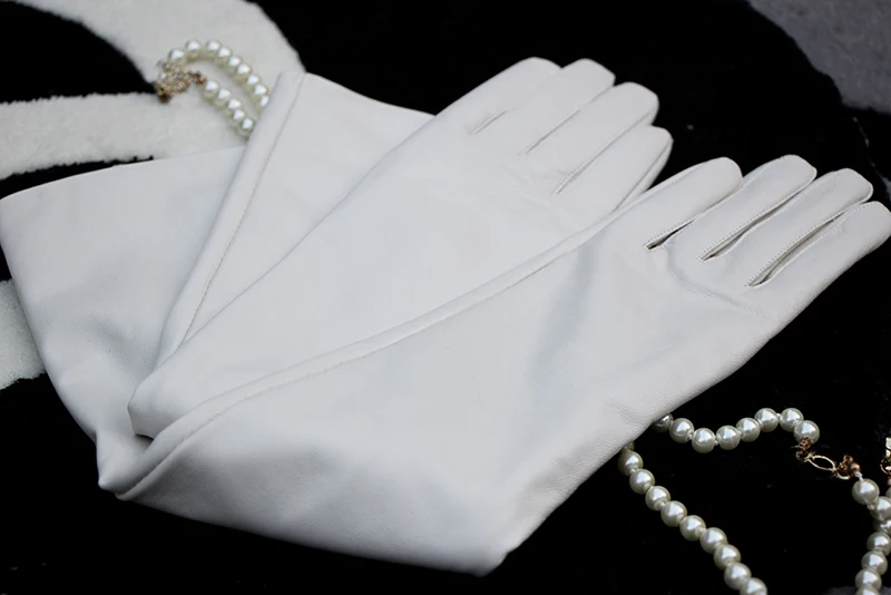 50cm New Genuine Leather White Women's High Grade Party Mittens Sheepskin Lady Winter Velvet long Gloves Creamy Ivory Snow White