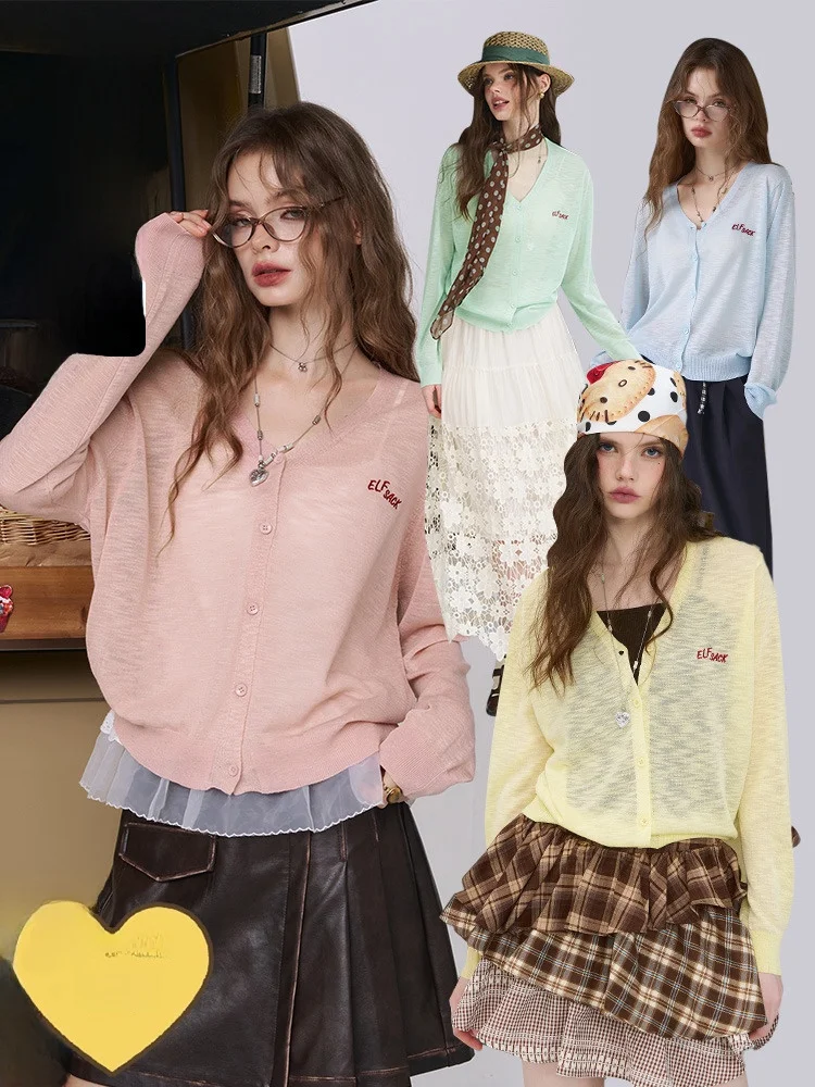 

Ранняя осень, тонкий вязаный кардиган, женский свободный повседневный цветной кардиган Ptte irt от Elf Sa V-Ne Long Sve Regular Fit