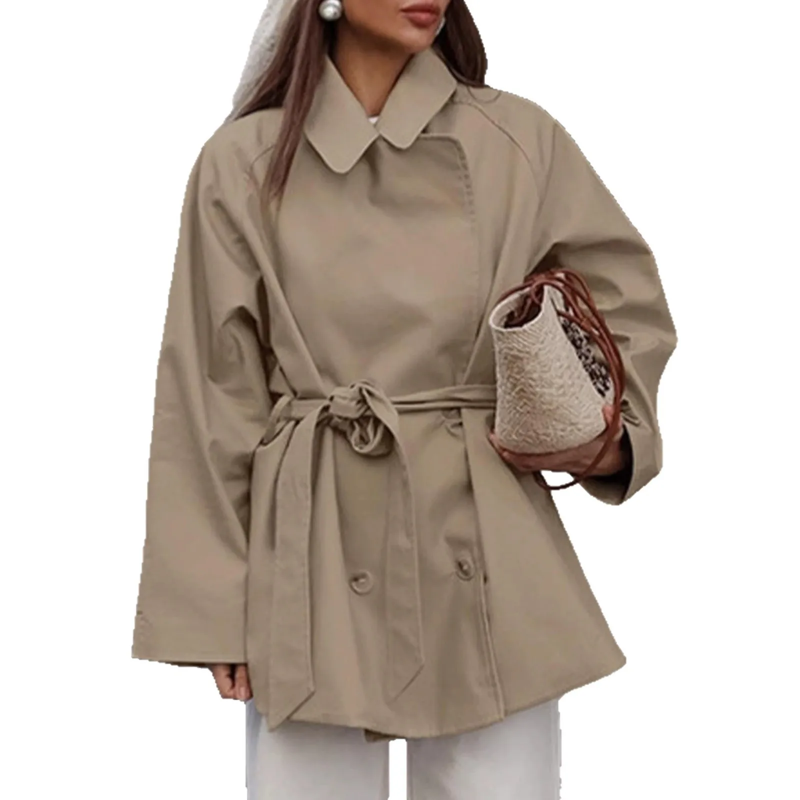 Tie Belted Coat with Notched Lapel Double Breasted Regular Fit Mid Length Long Sleeve Elegant Commuter Women Autumn Coat