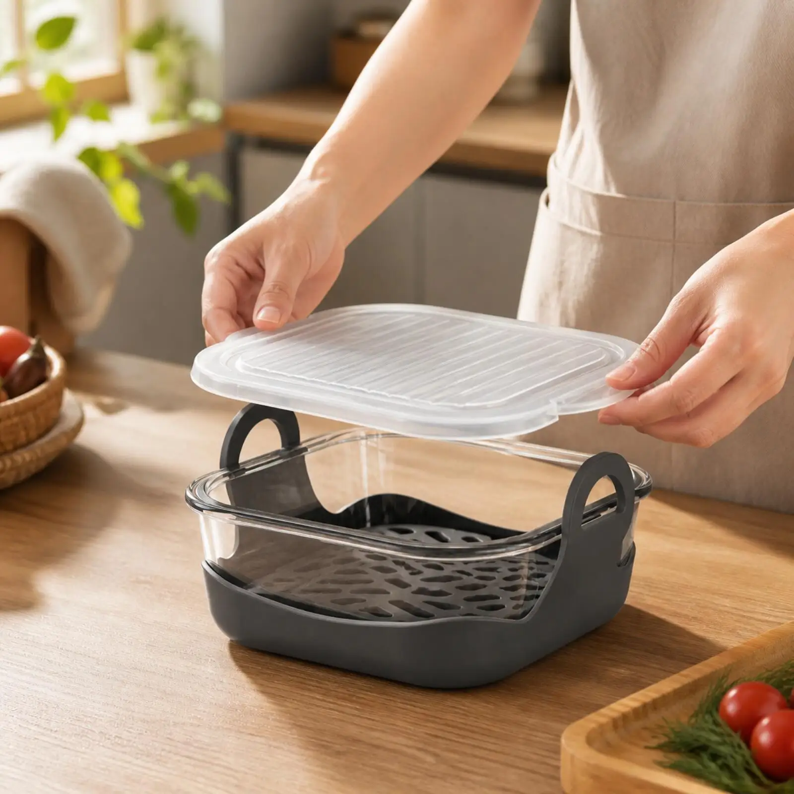 Air Fryer Glass Tray with Silicone Guard Sleeve Heat Proof Square Dish for Frying Basket Compatible Oven Cookware