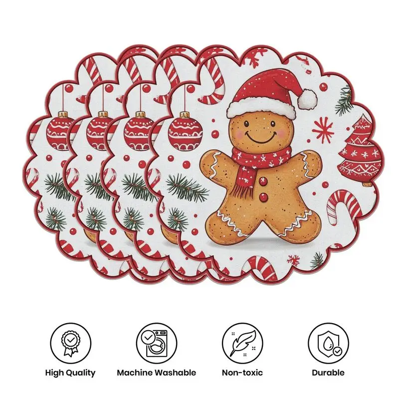VIKAMA Cute Gingerbread Man Christmas Mat Holiday Round Insulated Table Mat Wear resistant Plate Mat Home Table Decoration Mat