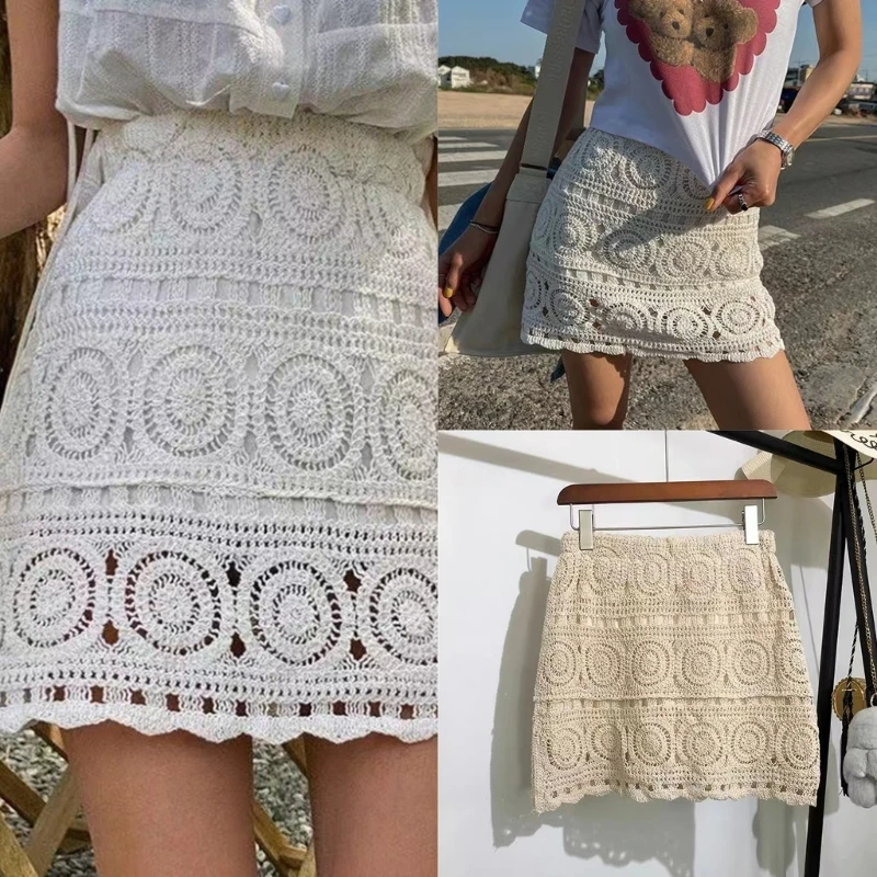 Women Summer Hollow-Out Crochet Knit Mini Skirt with Lining Boho Geometric Pattern High Waist Beach Vacation Short Skirt