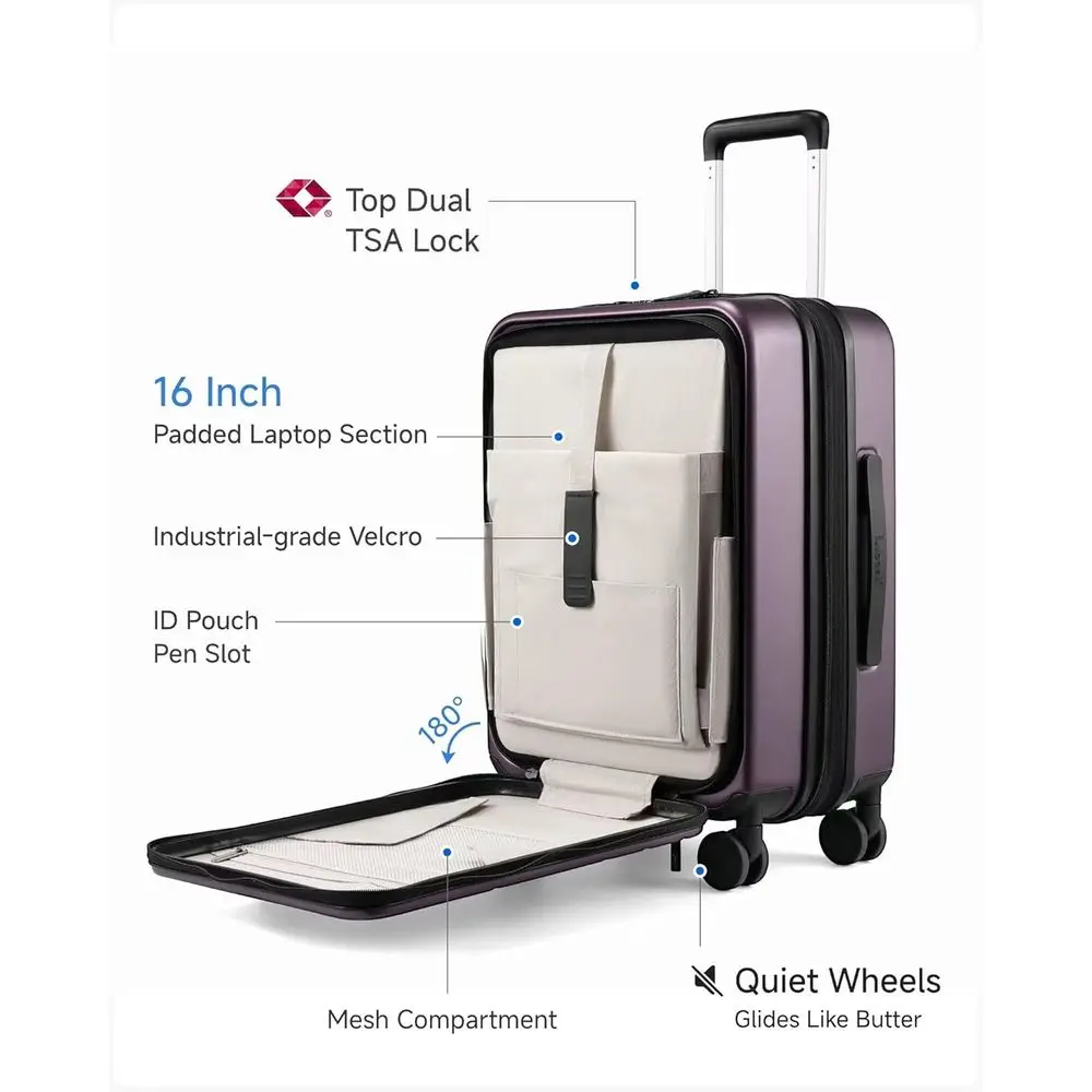 20 Inch Purple FLO5 Expandable Polycarbonate Carry-On Suitcase with Front Pocket, Airline Approved