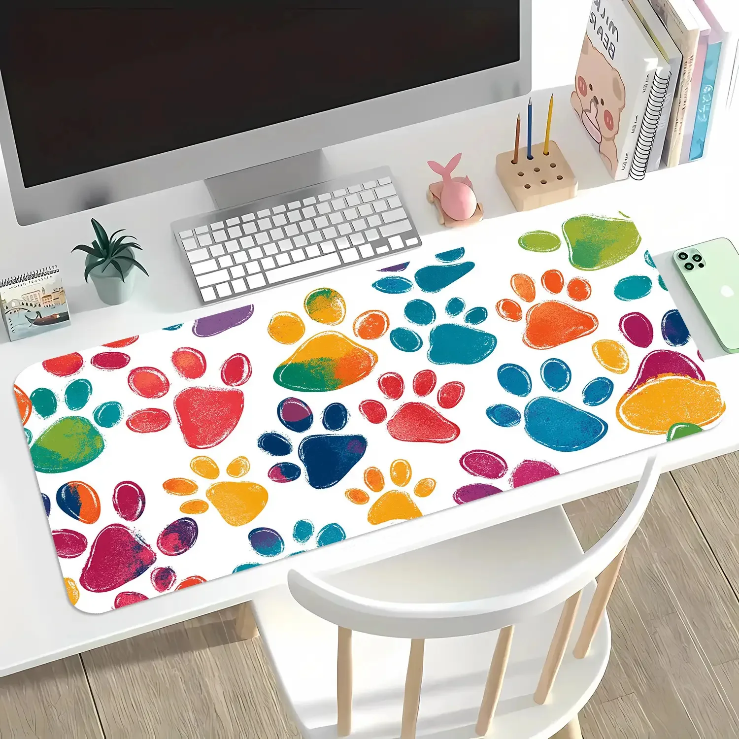 Colorful Rainbow Paw Prints Extra Large Mouse Pad Non-Slip Rubber Desk Mat for Office Computers