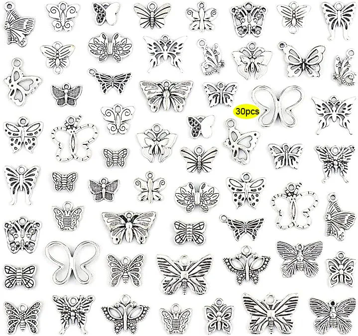 30 PCS Butterfly Charms Beads Necklace Pendants DIY for Jewelry Making and Crafting Tibetan Silver Plated Butterfly Charm