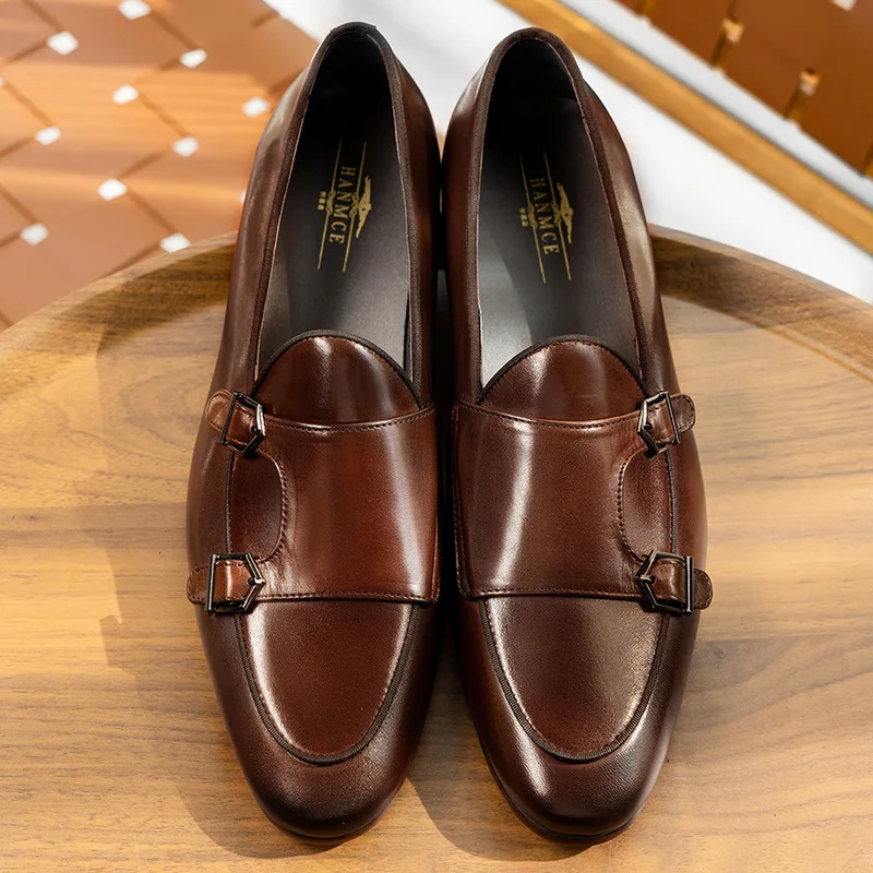 Men's Buckle Distressed Leather Shoes British Style Formal Business Casual Loafers