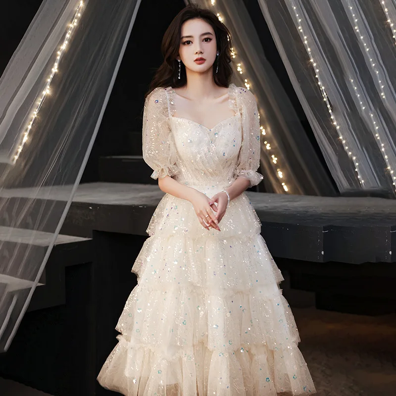 

Elegant Champagne Evening Dress Off Shoulder Sequin Mid Length Layered Tulle Prom Gowns Women Banquet Party Formal Dresses