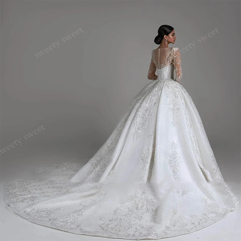 Exquisite Wedding Dress Embroidered With Bead Ballgown Full Sleeve O-Neck Customized Bride Sequins Customized Vestido De Novia