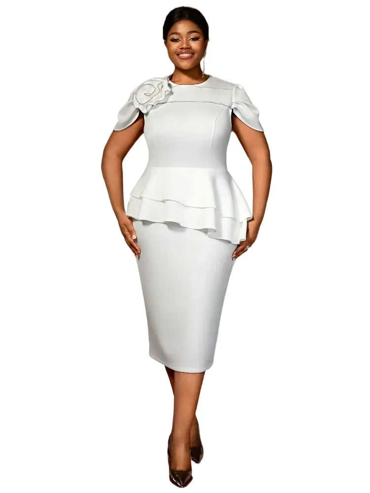 

Elegant Peplum Midi Dress with Tiered Hem and 3D Flower Ideal for Church Services Formal Events or Elegant Daytime Gatherings