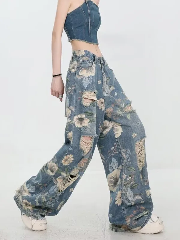 

American retro printed ripped jeans for women's summer new style, niche design, loose straight leg, floor length, wide leg pants