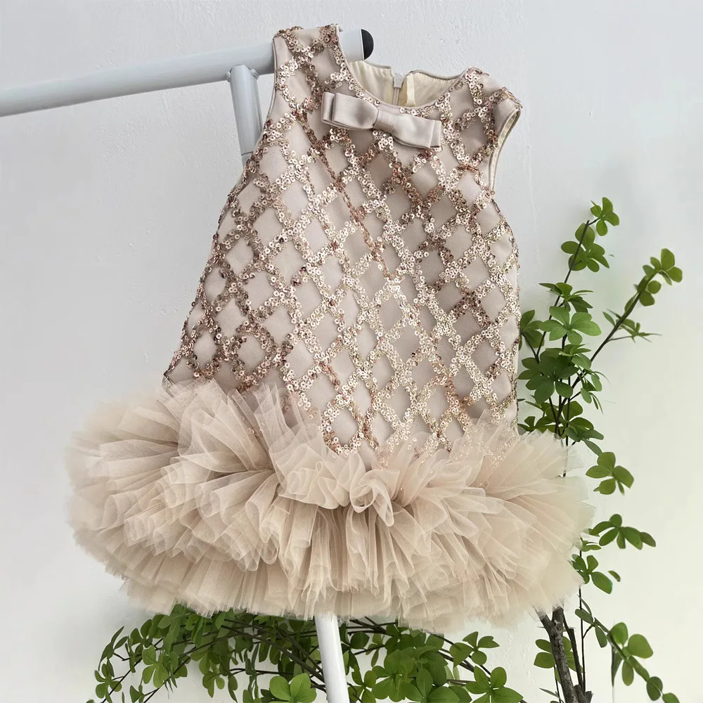 

Red Gold Shiny Sequined Tulle Puffy Flower Girl Dress with Bow for Wedding Children Princess Birthday Party Christmas Ball Gown