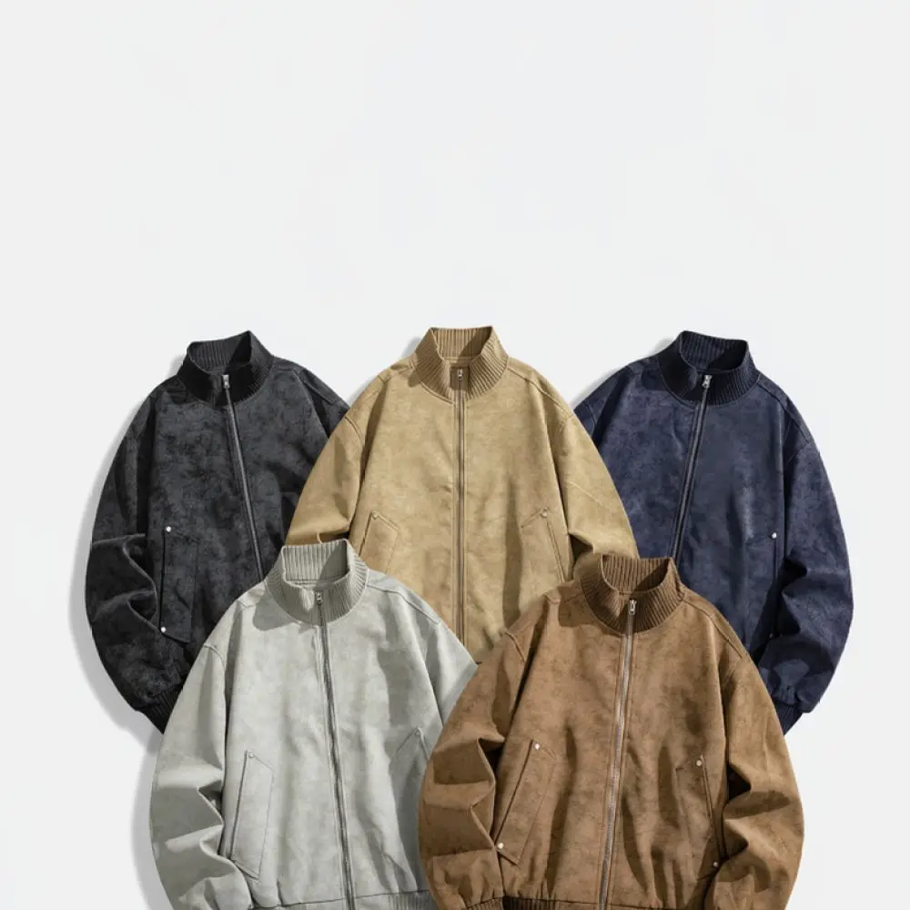 Mens Stand Collar PU Leather Jacket Casual Fashion Outerwear Retro Style Autumn Spring Loose Fit Trendy Streetwear Coats