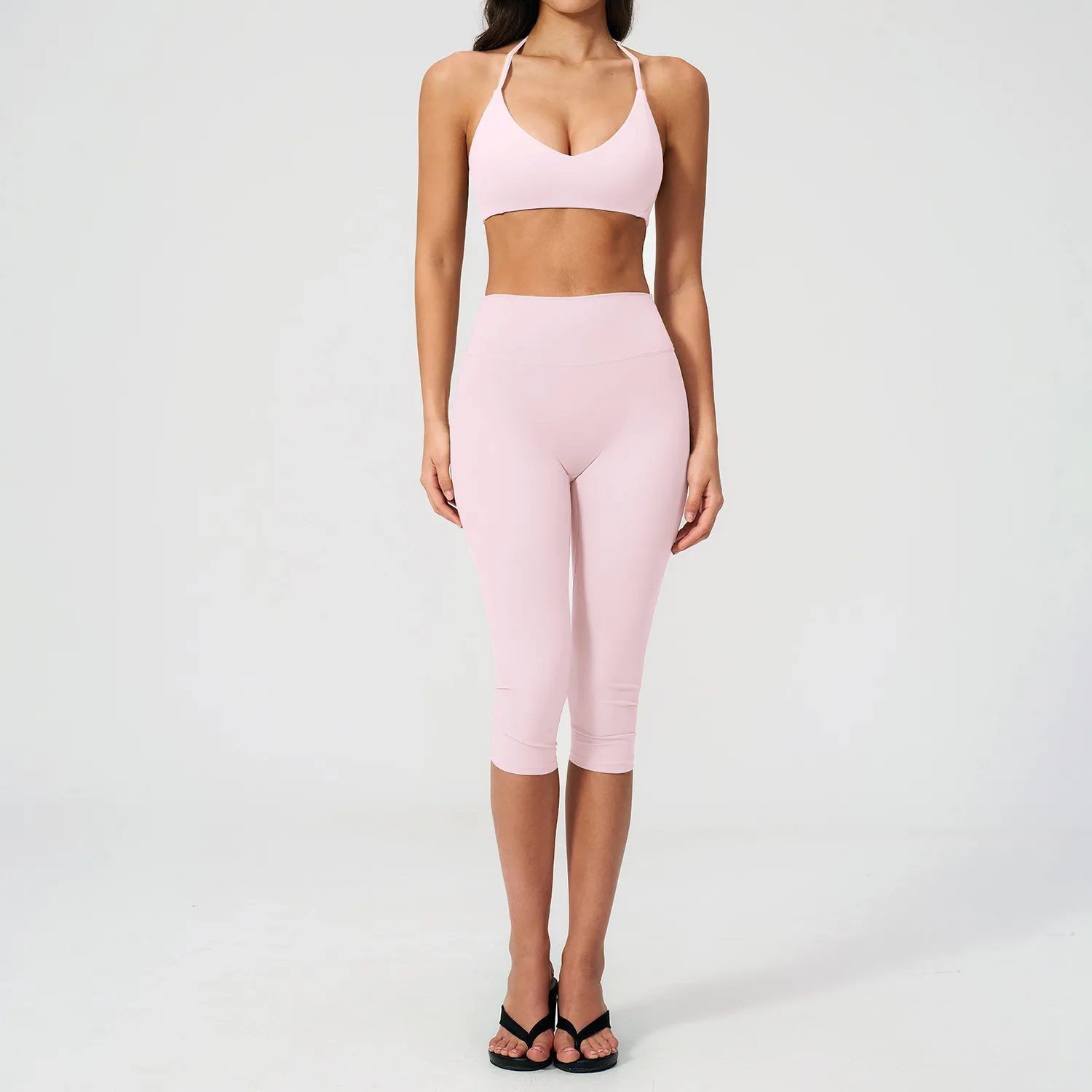 Women 2Pcs Yoga Sets Halter Sports Bra High Waist Capri Leggings Fitness Workout Gym Pilates Running Sportswear Tights Suits