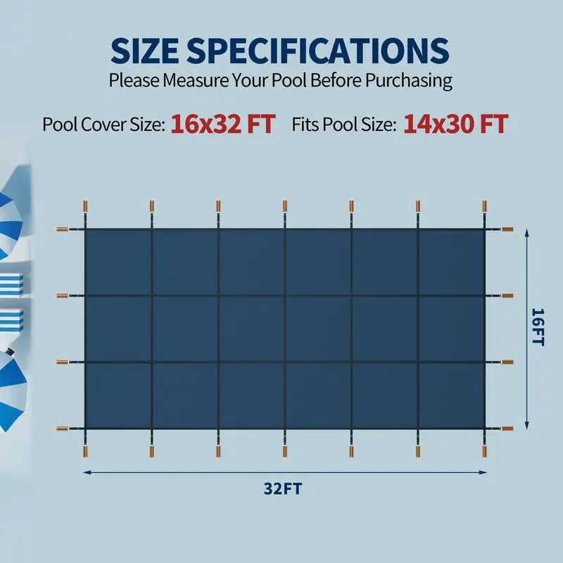 غطاء أمان لحمام السباحة لحمامات السباحة الداخلية المستطيلة مقاس 16 × 32 قدمًا، شبكة ثلاثية القوة عالية القوة، مقاومة للتآكل،