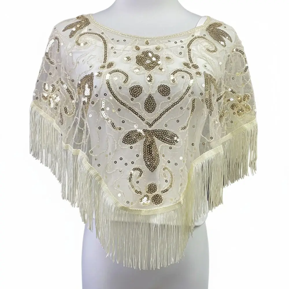 Fashion Sequin Bead Women Tulle Shawl With Tassel Hollow Sling Slim V-neck Multicolored Evening Prom Cape Wedding Accessories