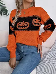 Jesień/zima Halloween gorący styl damski sweter gotycki nadruk w dynię wycięcie pod szyją z długim rękawem sweter z dzianiny modny top na co dzień