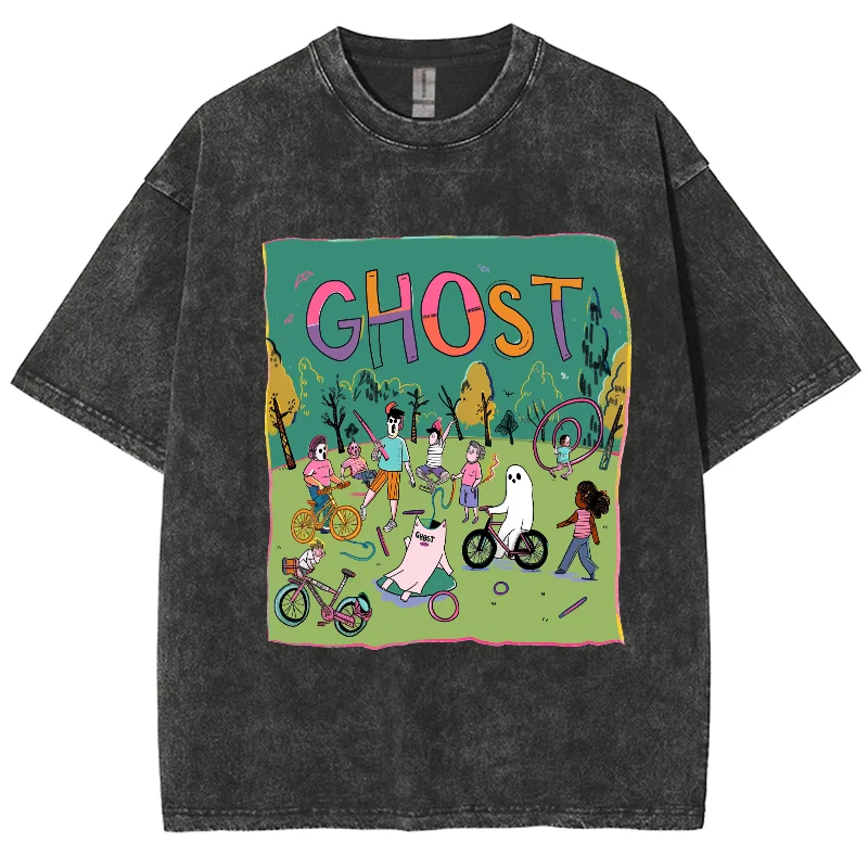 Cartoon Ghost T-shirts Berserk Washed Short T-shirts for Men Women Graphic Print, Washed Oversized, 100% Cotton, y2k Graffiti