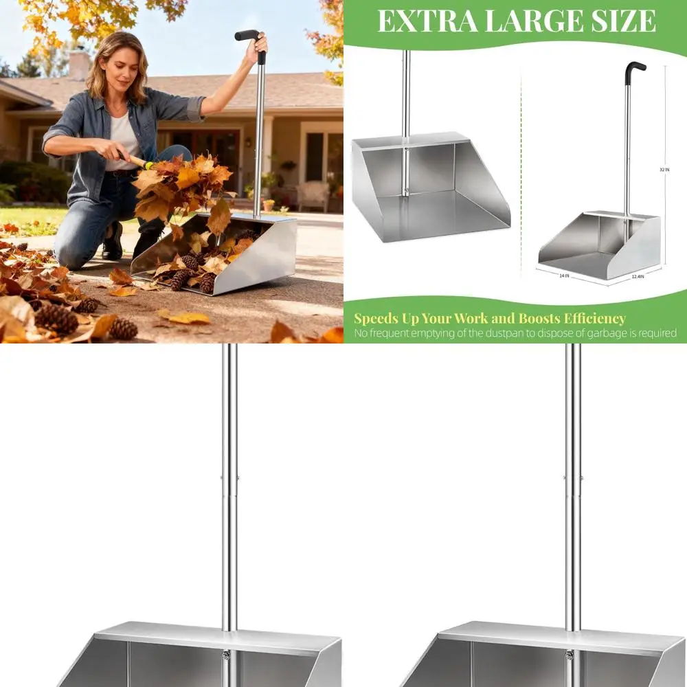 

Heavy-Duty Metal Dustpan with Long Handle for Large Debris - Commercial Grade, Wide Mouth for Outdoor Use in Yards, Garages, and