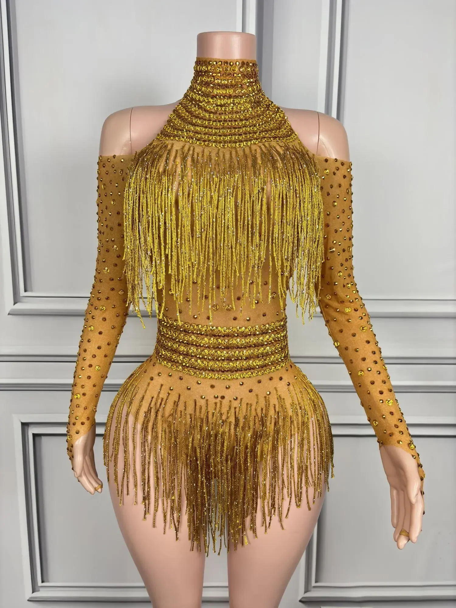 Боди с открытыми плечами и кисточками и длинными рукавами для женщин, комбинезон из спандекса, клубное шоу, боди для певицы, одежда для мероприятий, популярные девушки Nvtuan