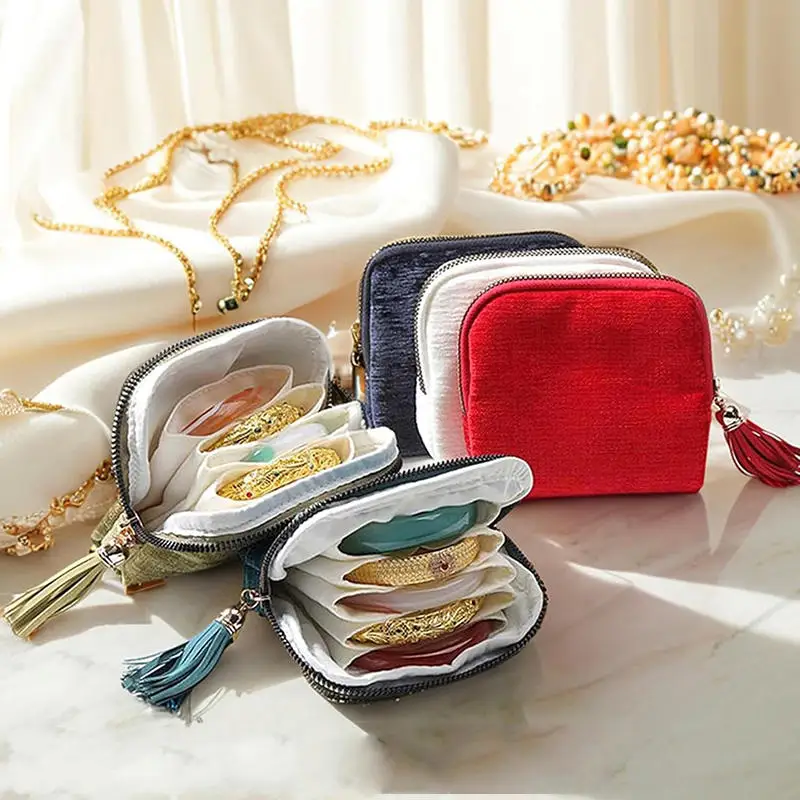 

Portable multi-layer Tassel Jewelry Storage Bag Travel Jade Bracelet large-capacity Zipper Jewelry Packaging Bag Organizer