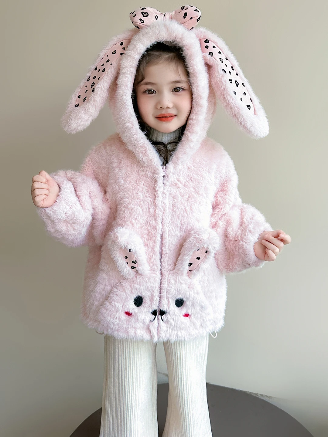 

Thiened Fce Hooded Coat for Little Girls Winter New Sle Rabbit Ear Leopard Print Fake Fur Top Women's Sweet Sle Stra...