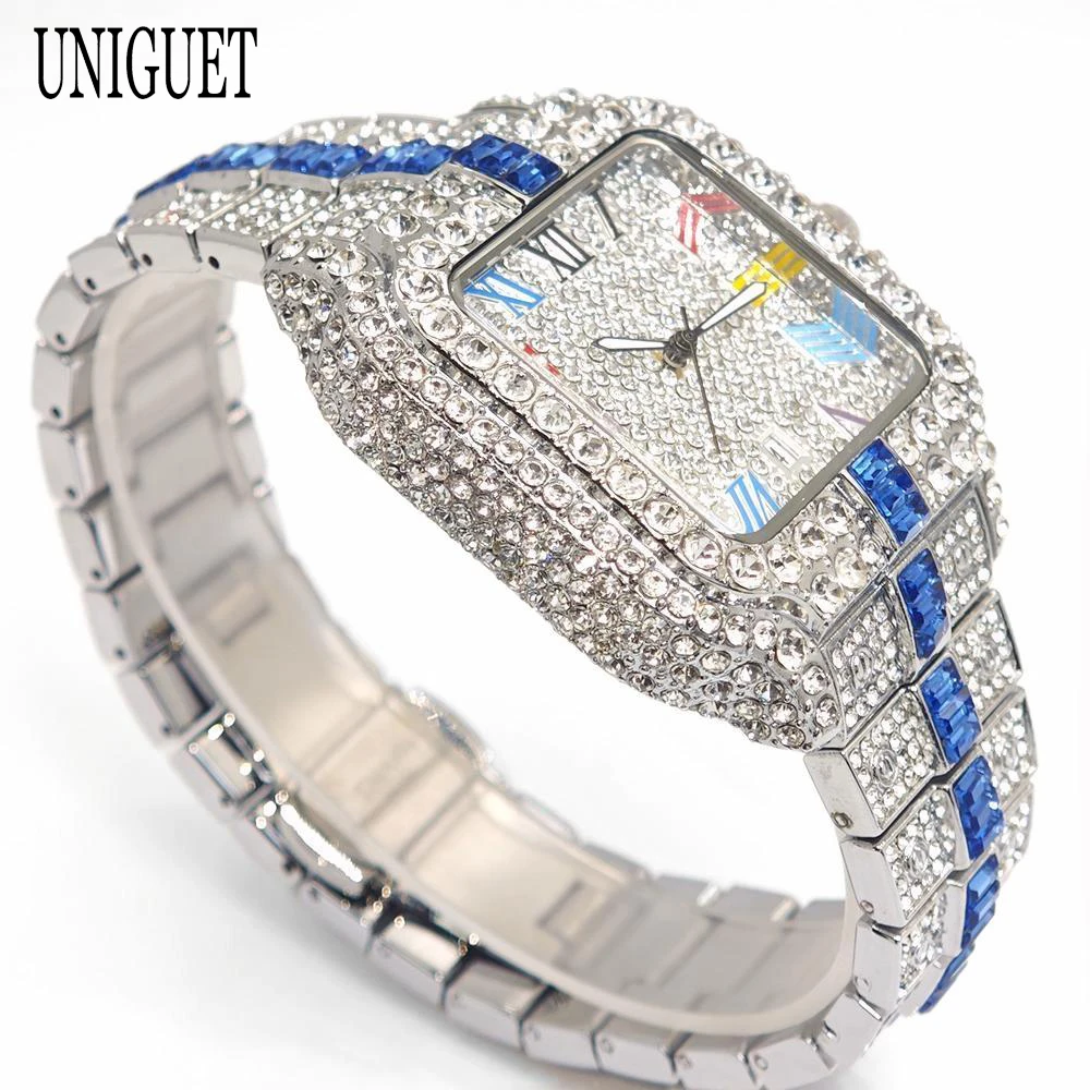 2025 حار ماركة UNIGUET الرجال موضة الماس ساعات كوارتز الهيب هوب مثلج بلينغ اللون مجوهرات ساحة ساعات المعصم للرجال أنيق