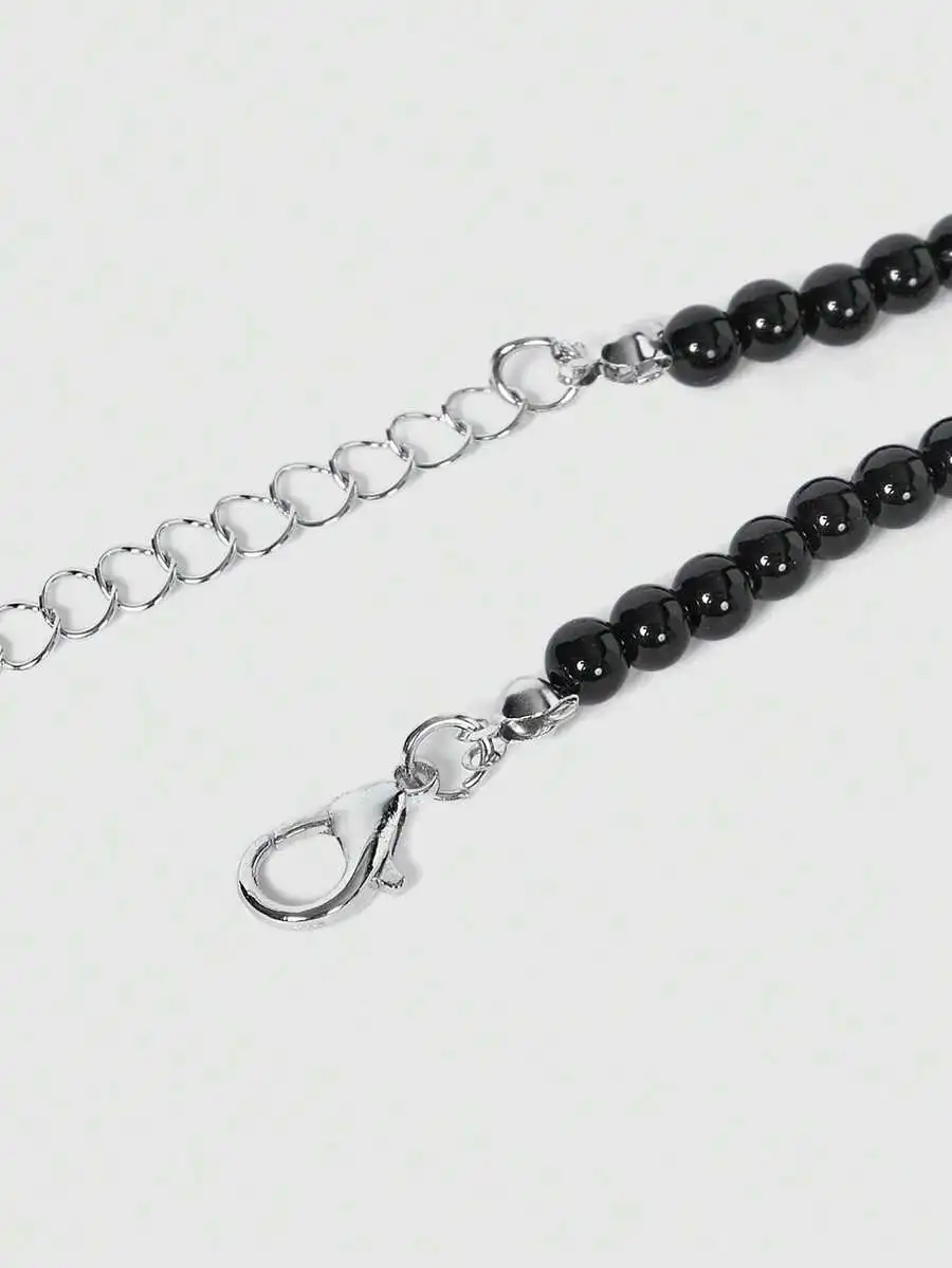 

Gothic Black Beaded Layered Necklace With Cross Pendant And Rhinestones For Adults