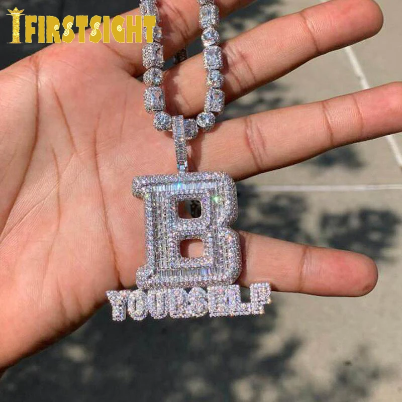 New Iced Out Bling BE YOURSELF Pendant Necklace Two Tone Color CZ Zircon Letter B Charm Men's Women Hip Hop Jewelry