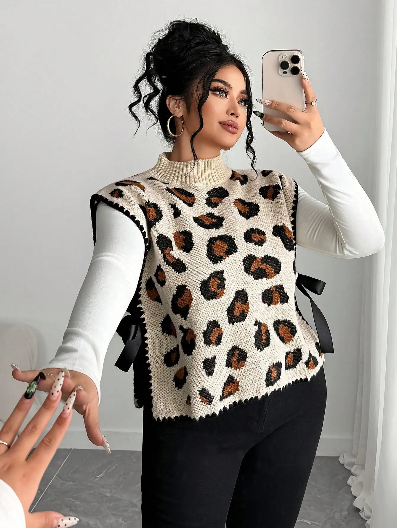 

Вязаный жилет с леопардовым принтом для женщин, без рукавов, с завязками, больших размеров, осенне-зимний топ