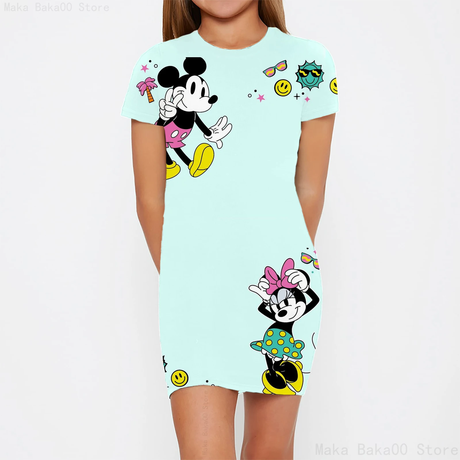 Robe moulante à manches courtes et col rond pour fille de 0 à 14 ans, tenue de princesse mignonne à imprimé Disney Minnie