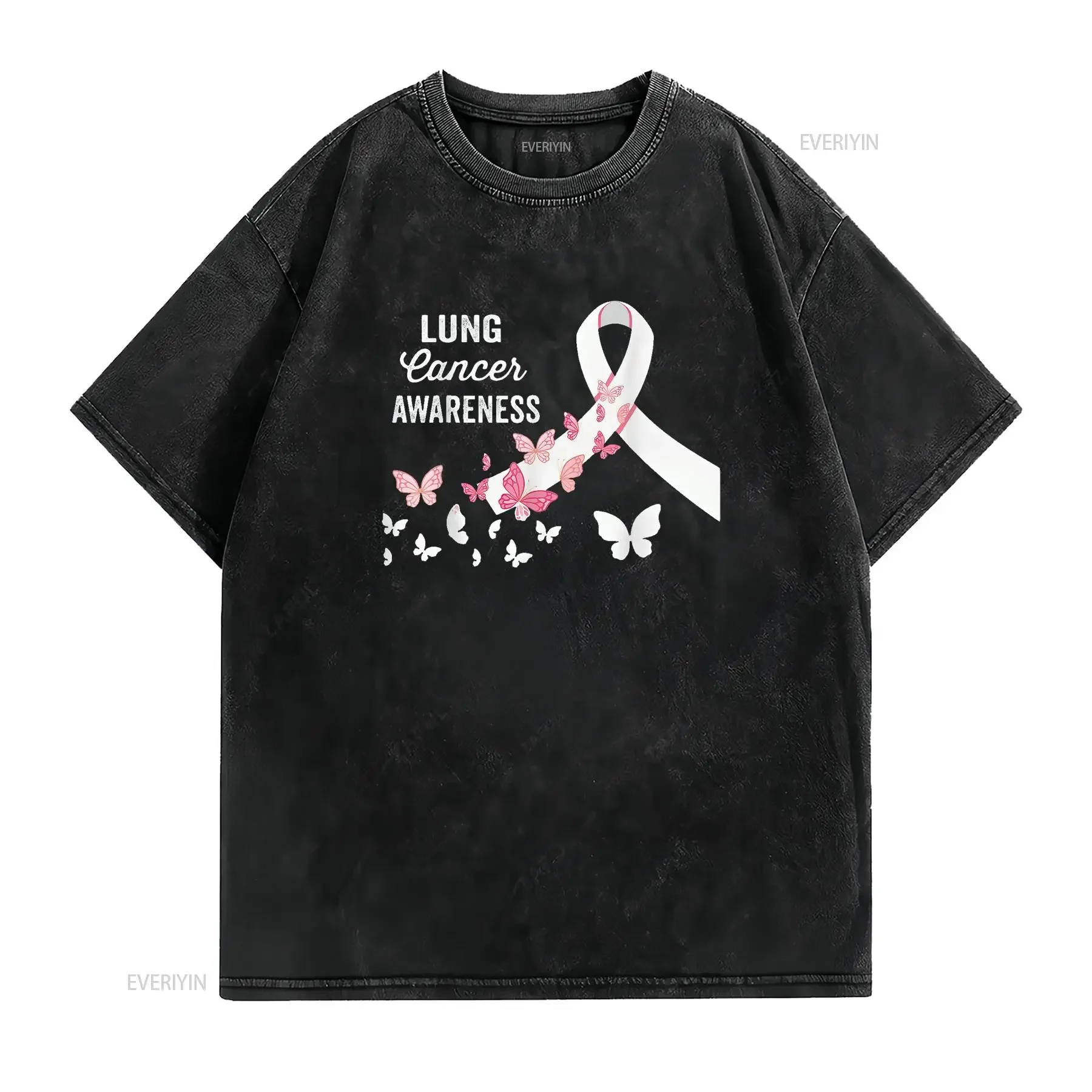 Womens I Wear White For Lung Cancer Awareness Ribbon Hearts T Shirt Black vintage Washed Stylish Soft Comfortable fashion