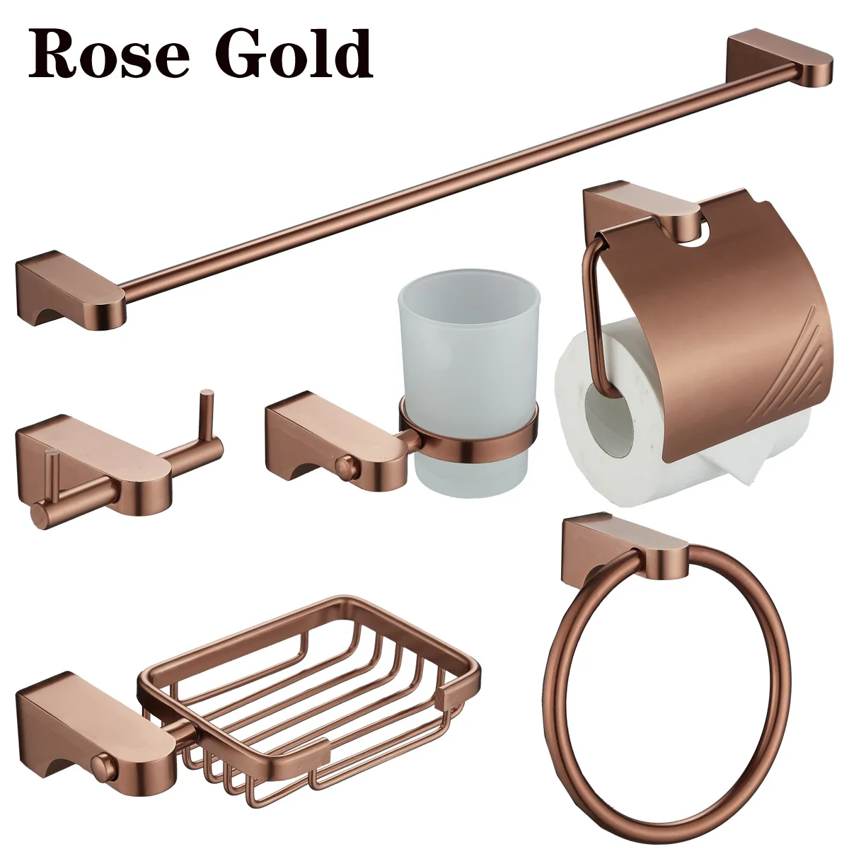 7 Pieces Wall Mounted 304 Stainless Steel Modern Bathroom Accessory Set in Rose Gold