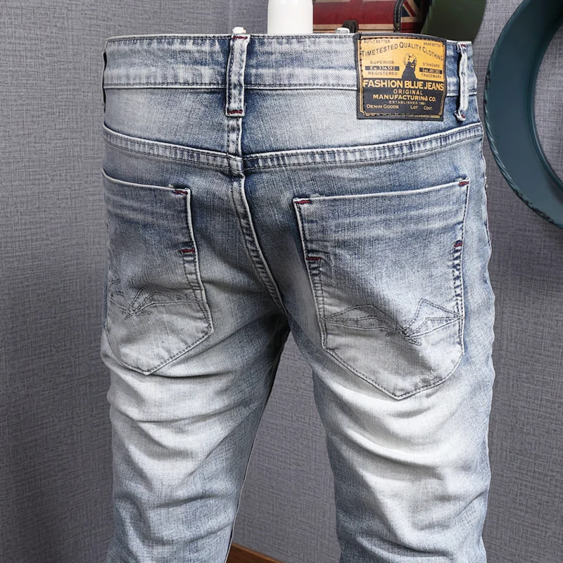Italian Style Fashion Men Jeans Retro Light Blue Stretch Slim Fit Ripped Jeans Men Vintage Patched Designer Casual Pants Hombre