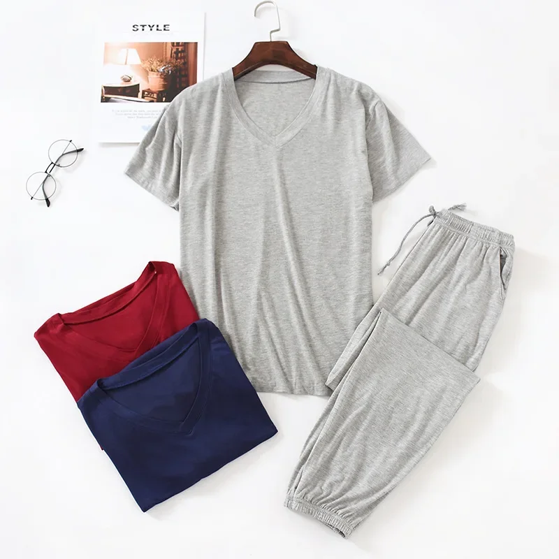 Japanese spring and summer men\'s pajamas suit modal viscose fiber short-sleeved trousers loose large size casual home wear