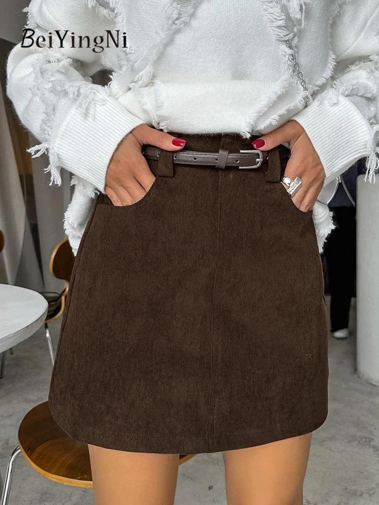 

Beiyingni 2022, осенне-зимние женские вельветовые мини-юбки, повседневные винтажные тонкие короткие юбки трапециевидной формы с высокой талией, элегантные юбки для поездок на работу