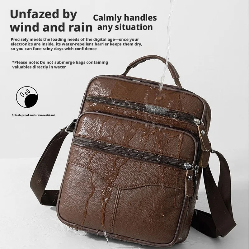 Brown Genuine Cowhide Leather Crossbody Bag for Men Business Shoulder Messenger Pack with Top Handle Zipper Pocket Daily Work