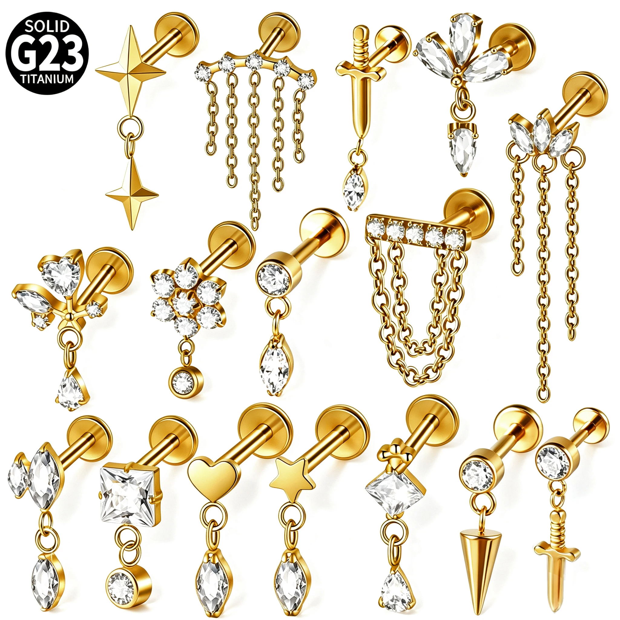 Body Jewelry Internally Threaded - 1PC G23 Titanium CZ 16G Dangle
