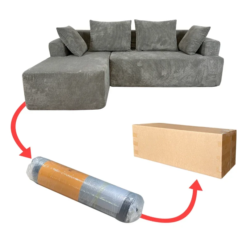 

Corduroy fabric foam small corner l-shaped 3-seat vacuum sofa space-saving compression combination sofa