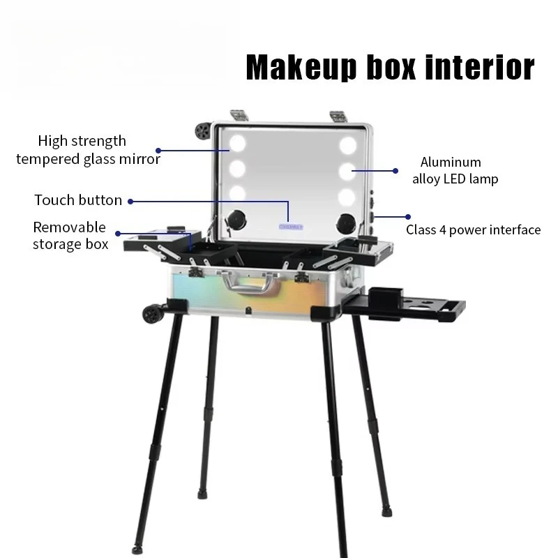 Professional Makeup Rolling Trolley Makeup Train Case With Adjustable LED Lights And Audio Speaker