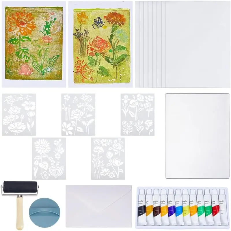 

【RECOMENDAR】Gel Printing Plate Kit 12.7X17.8 Cm/5X7 Inch Reusable Gelatin Plate,Stencils,Acrylic Paint,Essential Tools For Adult