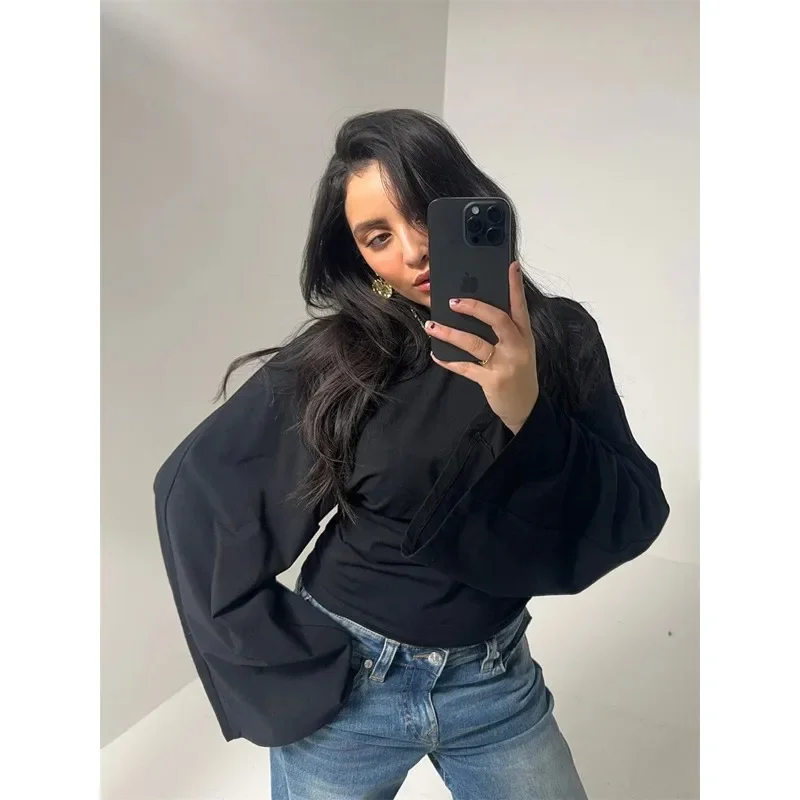 Dames Effen Kleur Ronde Hals Voorkant Schouder Brede Lange Mouwen Cinched Taille Slanke Crop Top Dagelijks Casual Eenvoudige Veelzijdige Tops