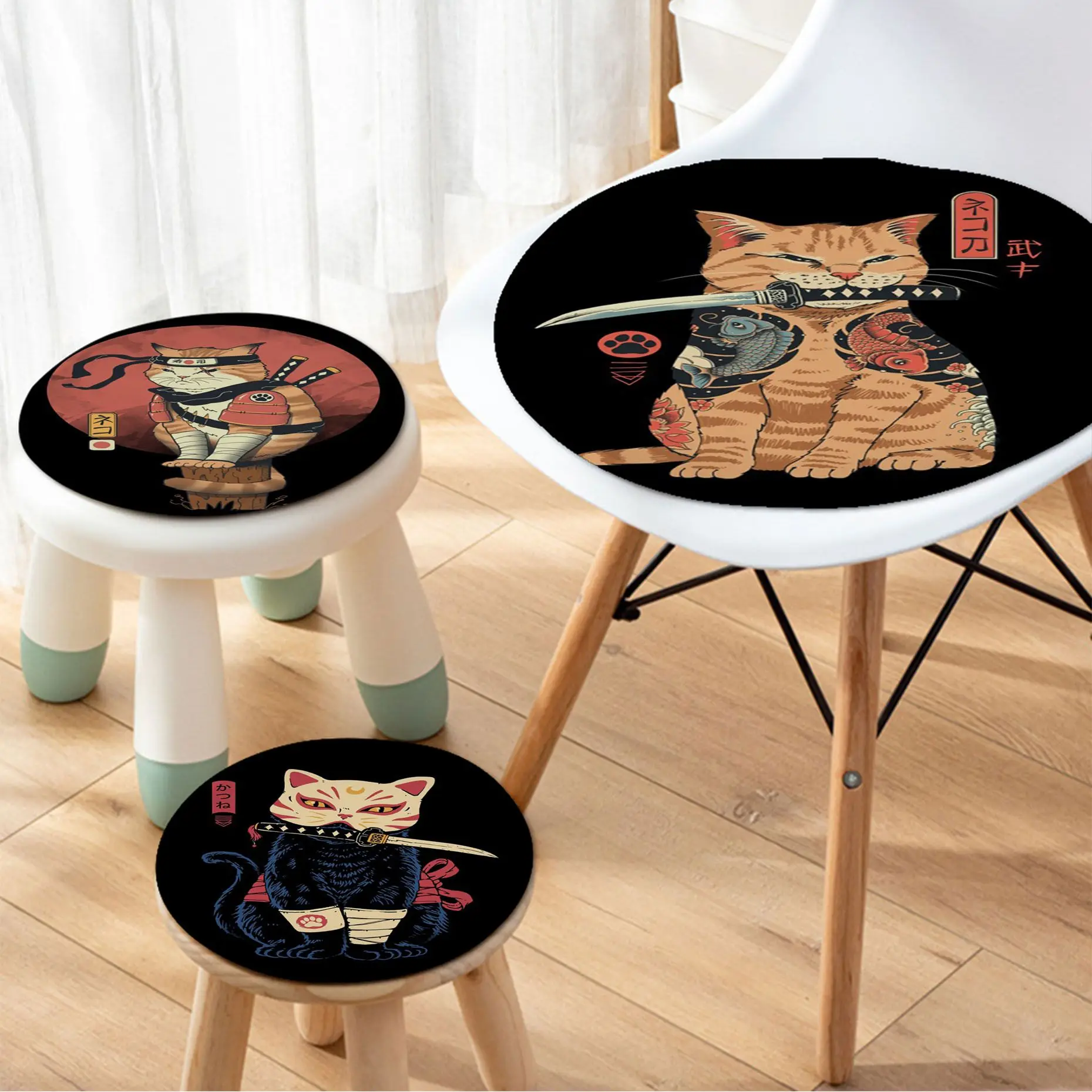 

Japanese Samurai Cat Tie Rope Chair Mat Soft Pad Seat Cushion For Dining Patio Home Office Indoor Outdoor Garden Chair Cushions