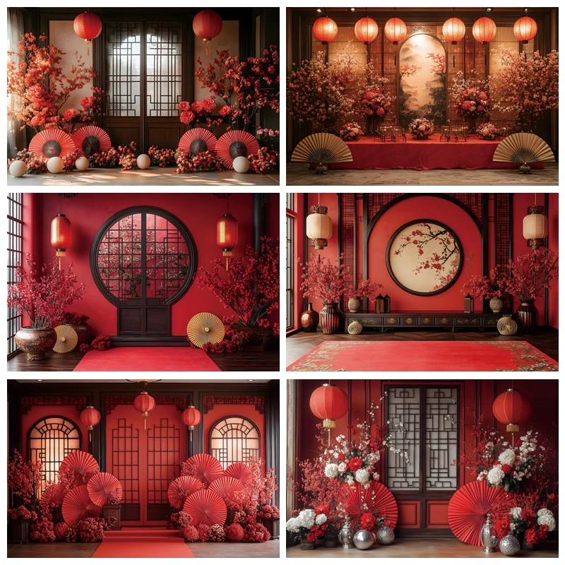 Red Chinese Wedding Scene Backdrop Party Decor Floral Lantern Bridal Shower Photography Background Photo Studio Photocall Props