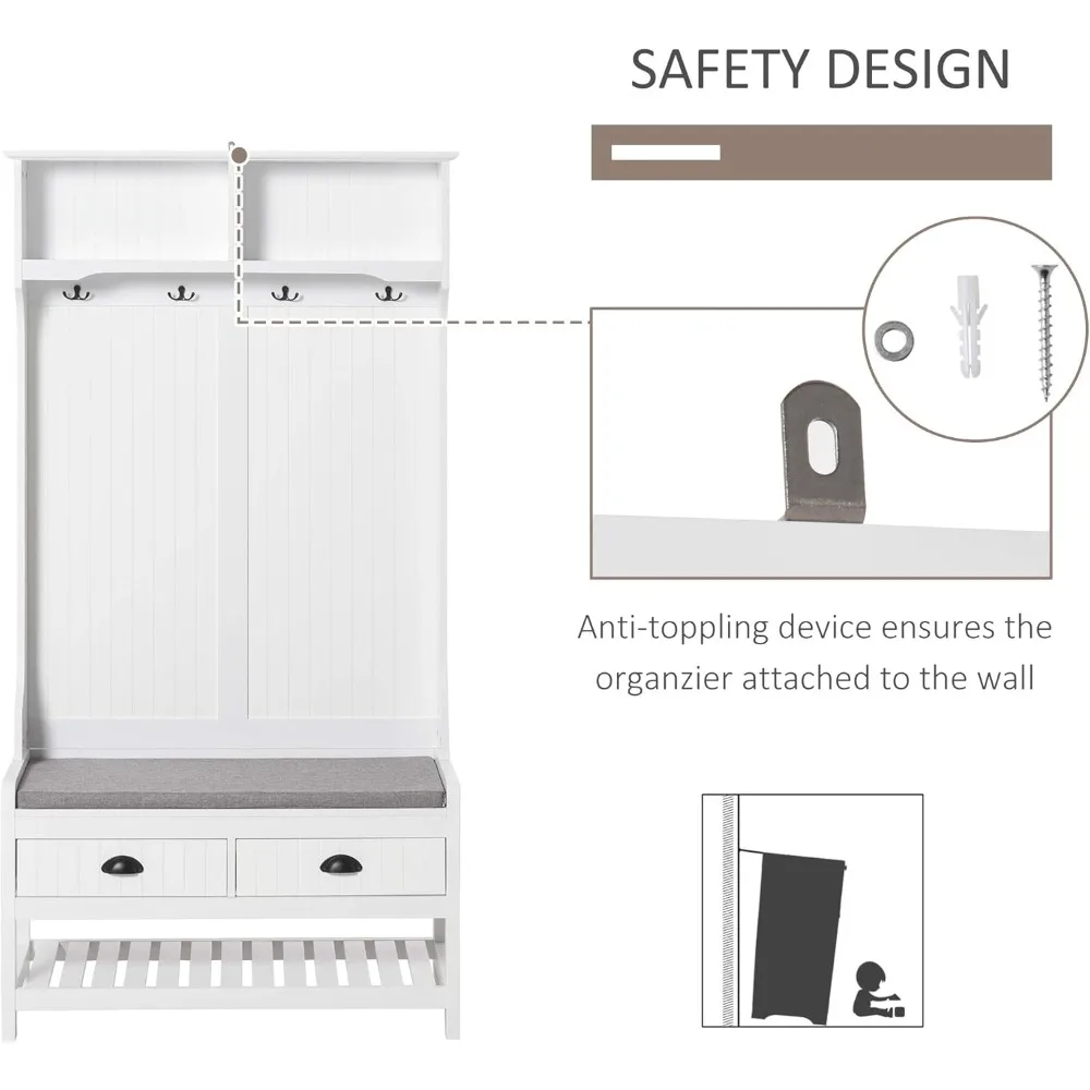 Banco de entrada con cajones de almacenamiento, zapatero y ganchos para abrigos, muebles de guardarropa con asiento acolchado y funcionalidad 3 en 1
